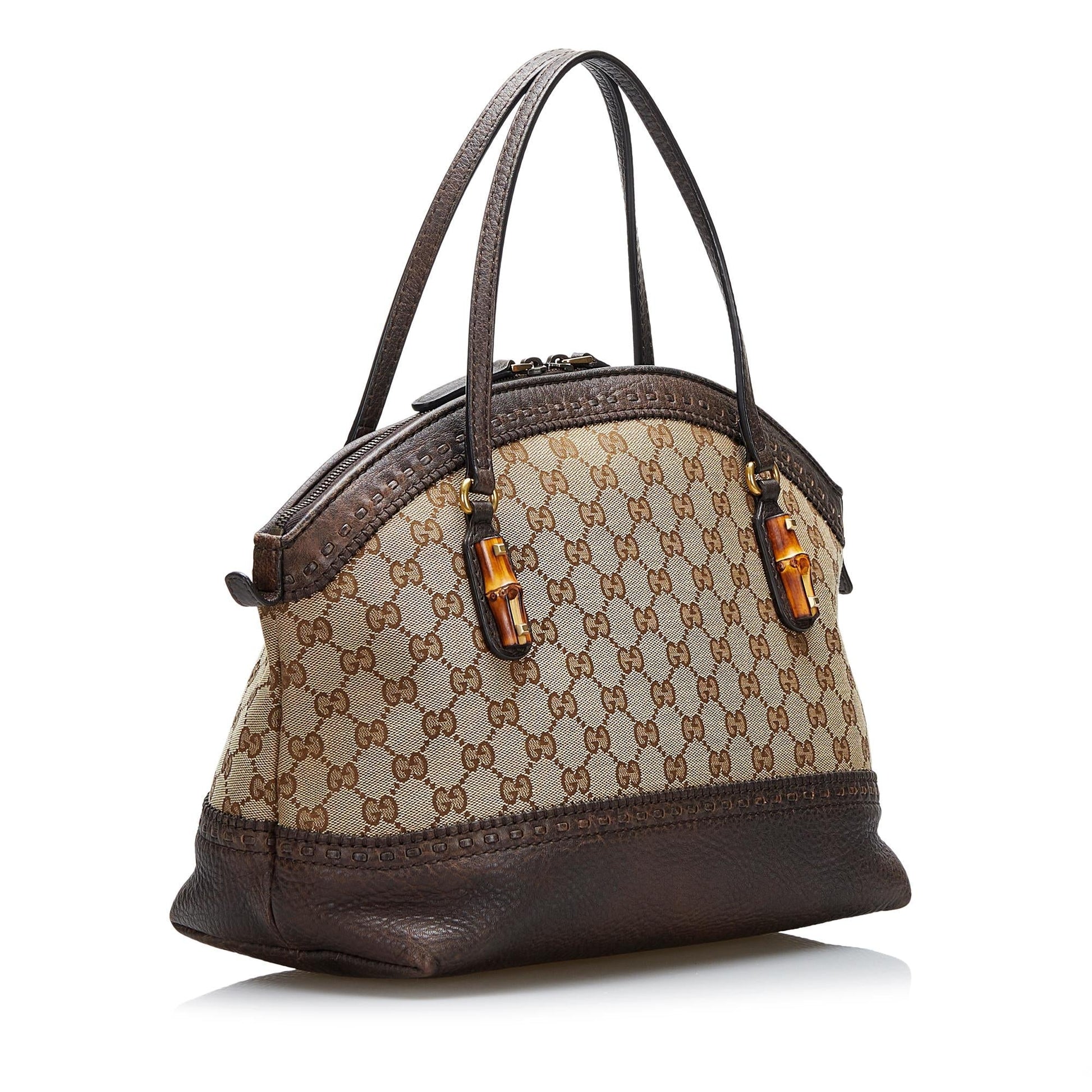 Gucci GG Bamboo Laidback Crafty SHG-tR7vbL Canvas Calf Brown Satchel Bag