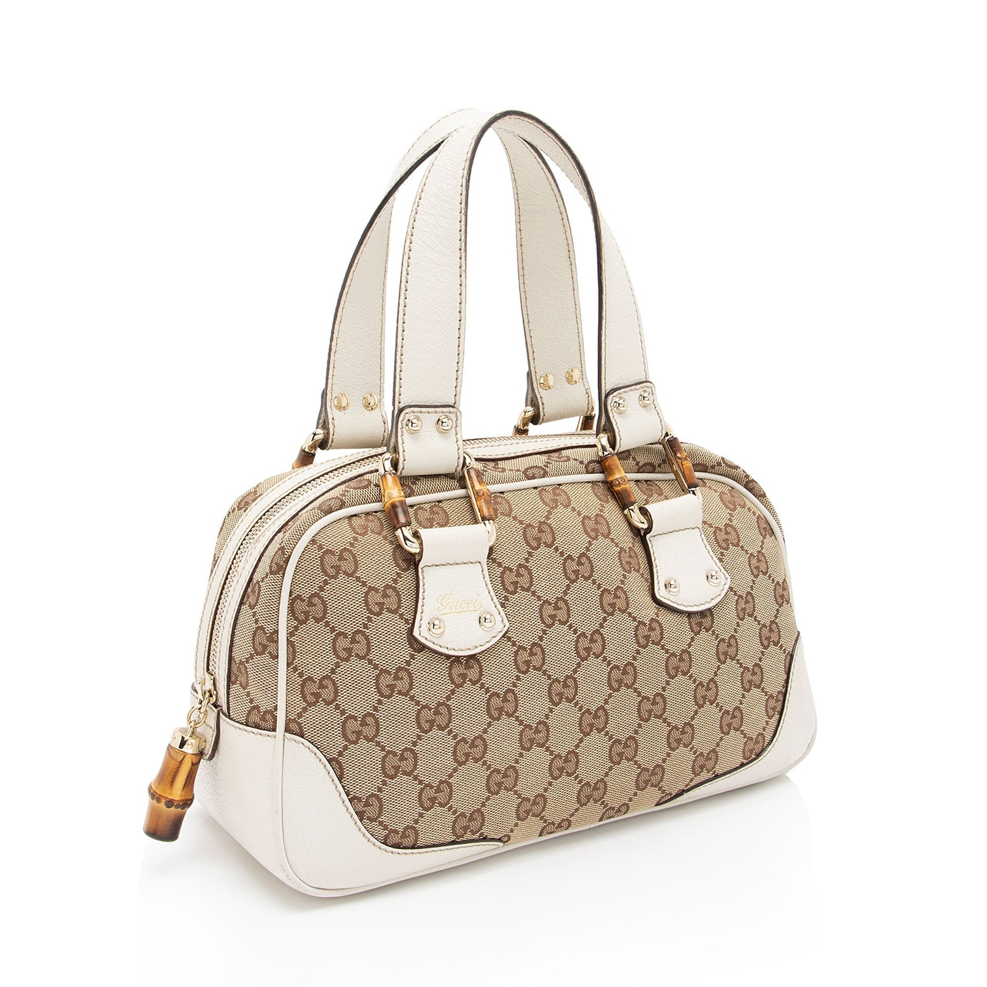 Gucci GG Bamboo SHF-yKtYU5 Leather Canvas White Beige Satchel Bag