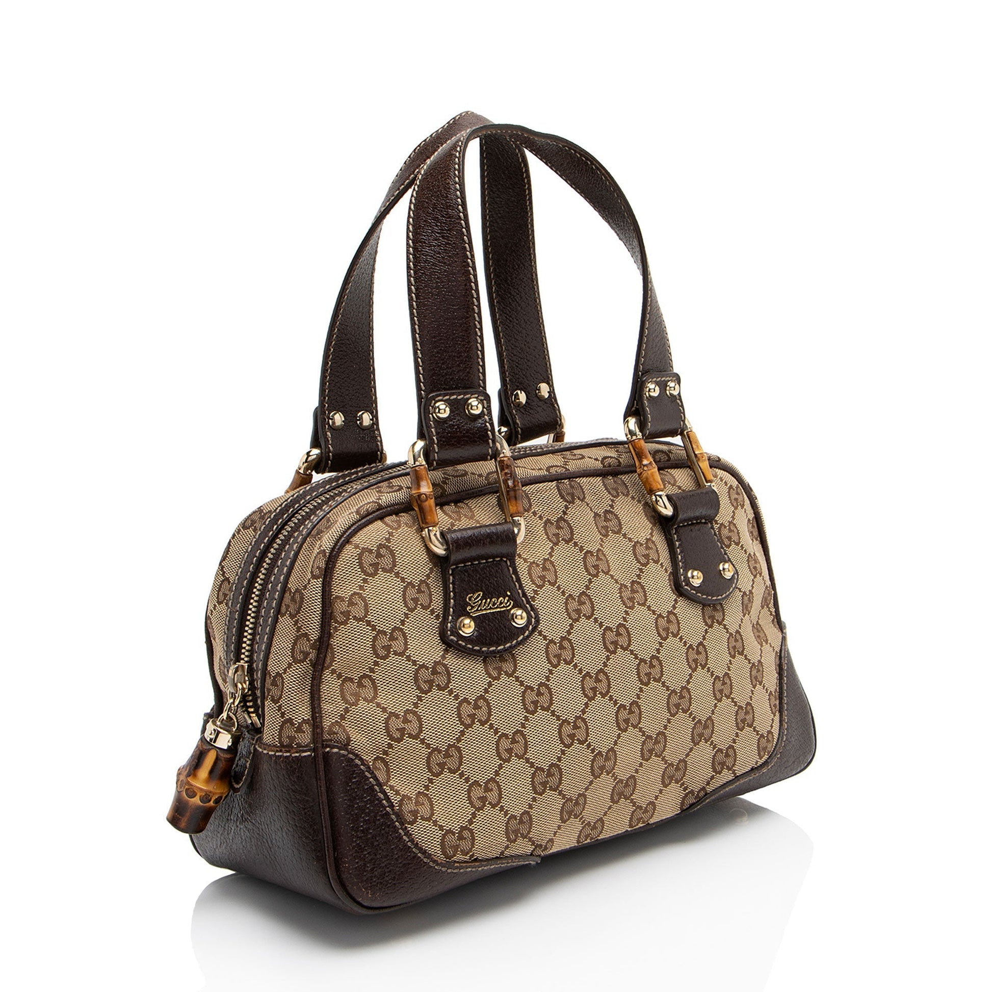 Gucci GG Bamboo Leather Canvas Brown Beige Satchel Bag
