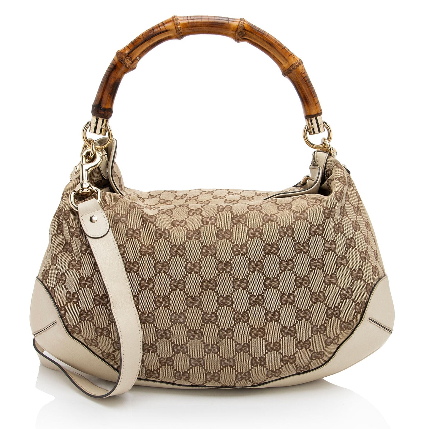 Gucci GG Bamboo Peggy SHF-Ygbm96 Leather Canvas White Beige Shoulder Bag