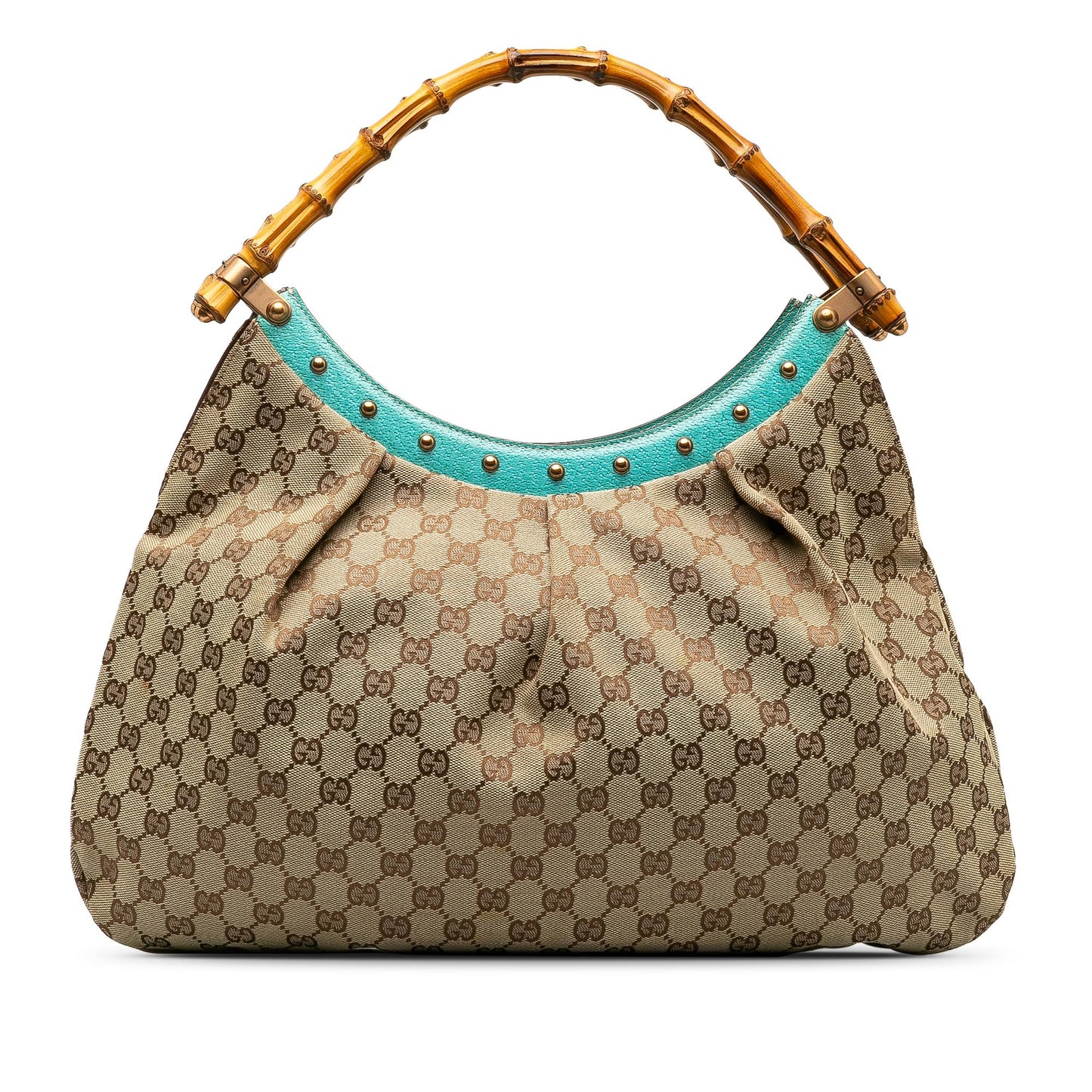 Gucci GG Bamboo Studded SHG-7VMhOz Canvas Calf Brown Blue Satchel Bag