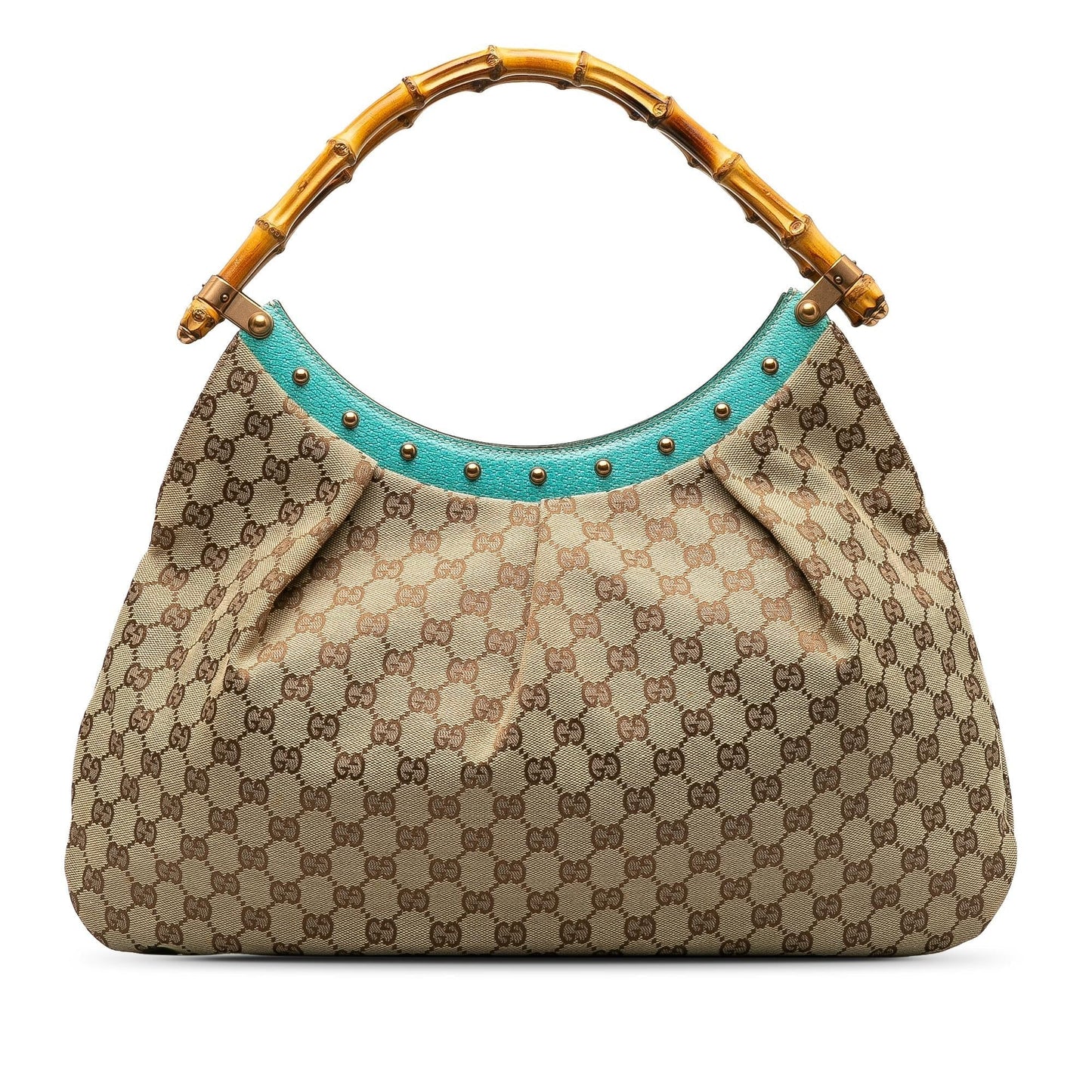 Gucci GG Bamboo Studded SHG-7VMhOz Canvas Calf Brown Blue Satchel Bag
