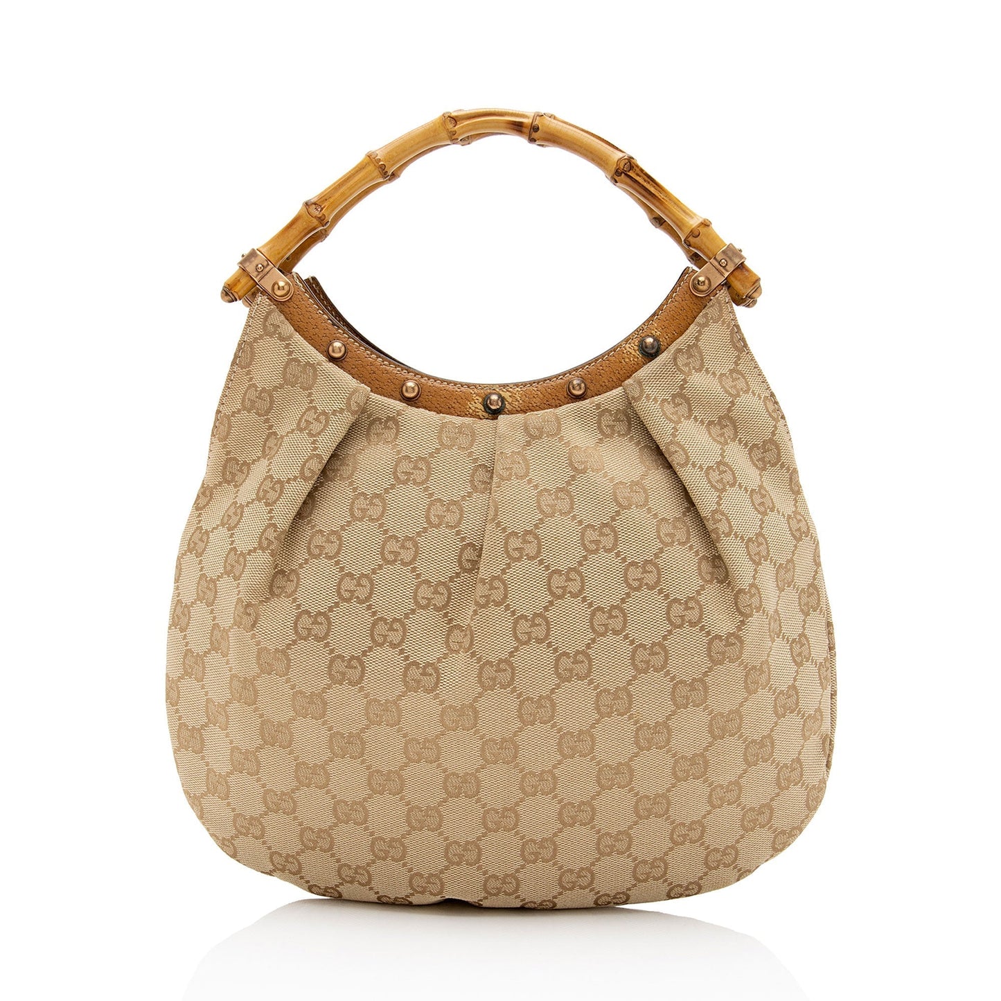 Gucci GG Bamboo Studded SHF-EISNu2 Leather Canvas Brown Beige Shoulder Bag