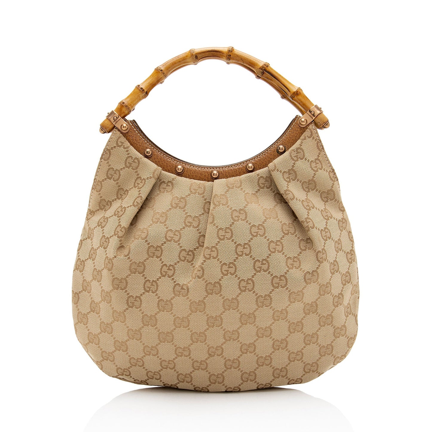 Gucci GG Bamboo Studded SHF-EISNu2 Leather Canvas Brown Beige Shoulder Bag