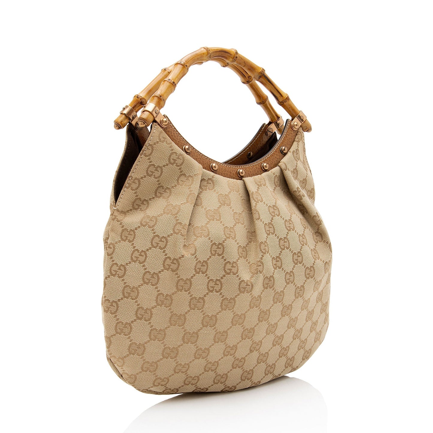 Gucci GG Bamboo Studded SHF-EISNu2 Leather Canvas Brown Beige Shoulder Bag