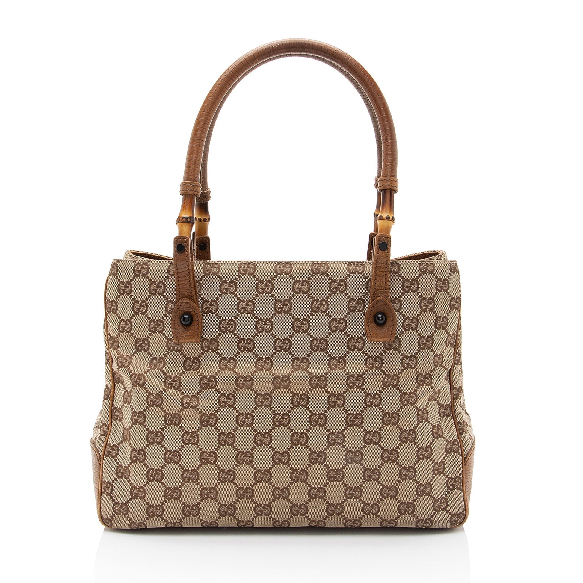 Gucci GG Bamboo SHF-CF73dz Leather Canvas Brown Beige Tote Bag