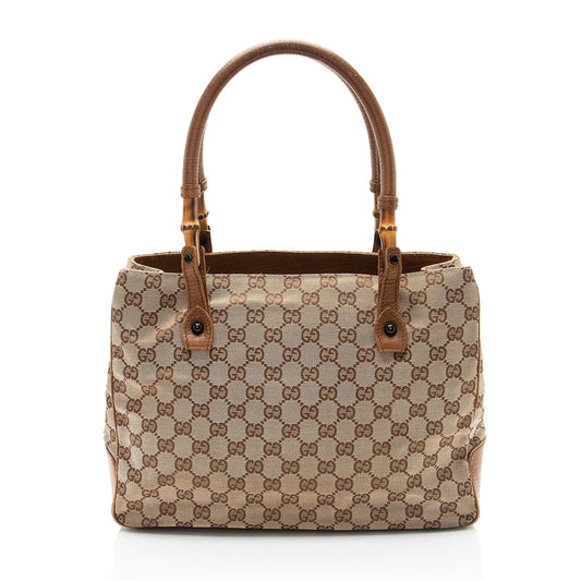 Gucci GG Bamboo SHF-CF73dz Leather Canvas Brown Beige Tote Bag
