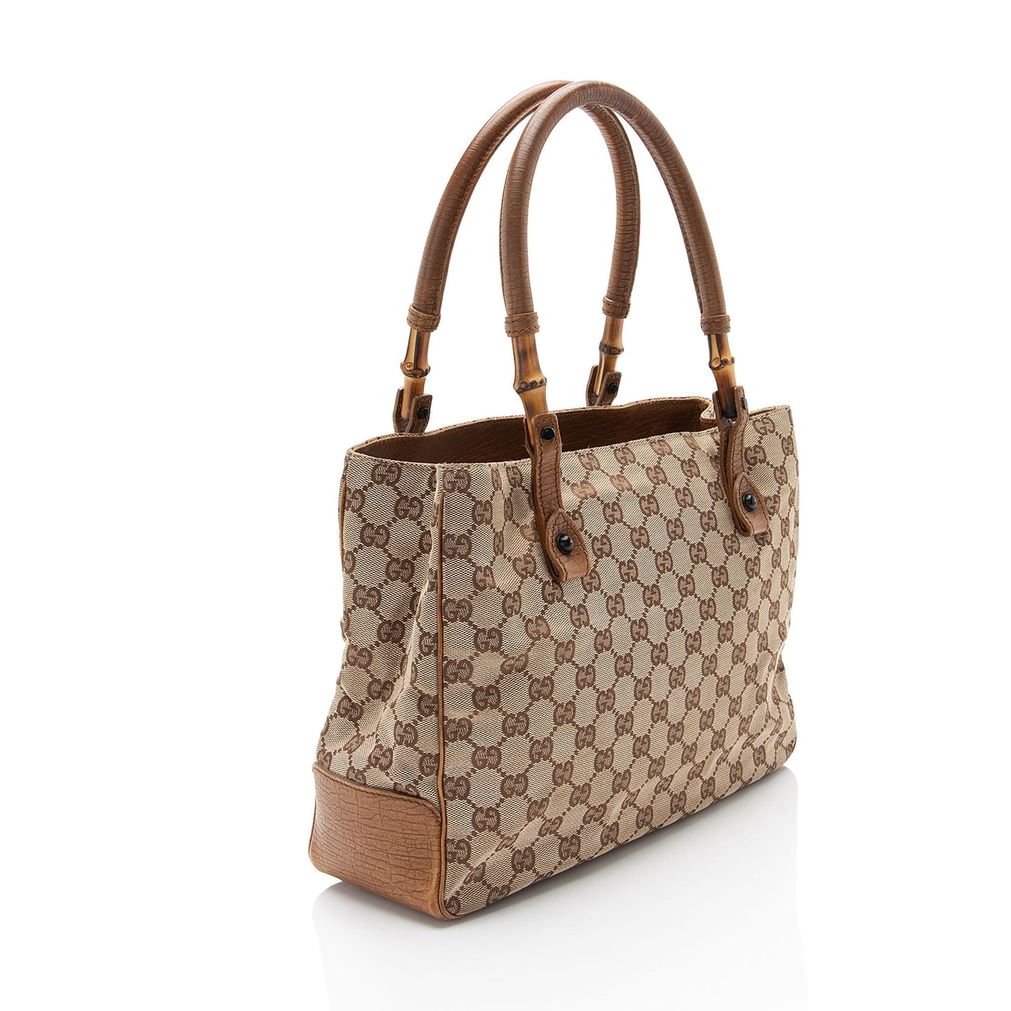 Gucci GG Bamboo SHF-CF73dz Leather Canvas Brown Beige Tote Bag