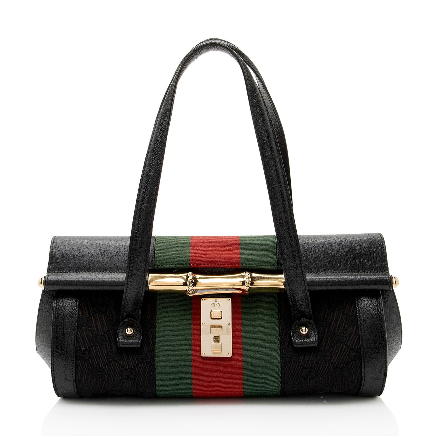 Gucci Studded Web Bamboo Bullet Leather Canvas Nylon Black Satchel Bag