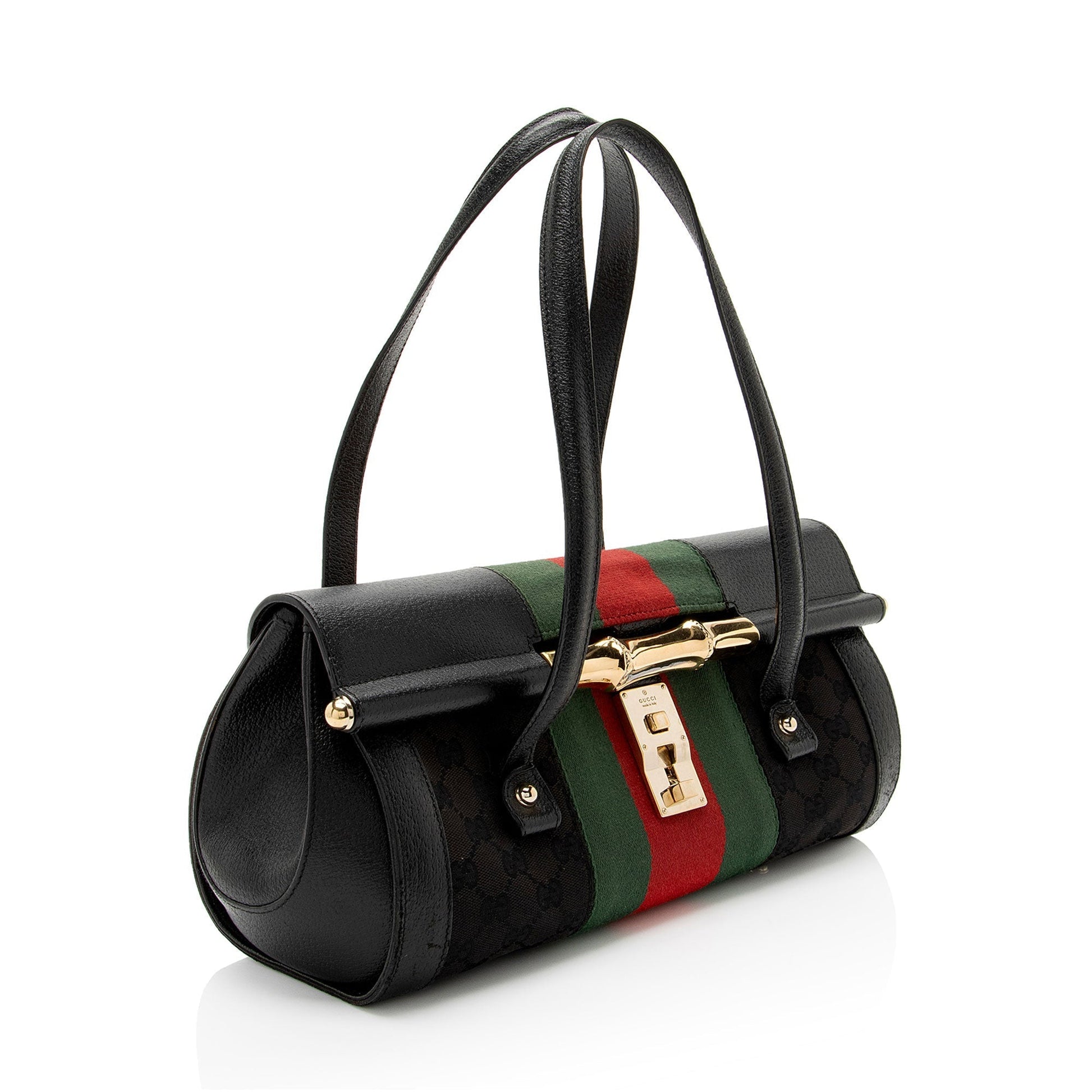 Gucci Studded Web Bamboo Bullet Leather Canvas Nylon Black Satchel Bag