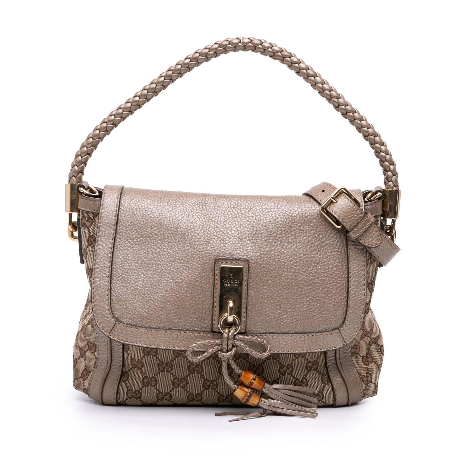 Gucci GG Bella Flap Canvas Calf Brown Gold Satchel Bag