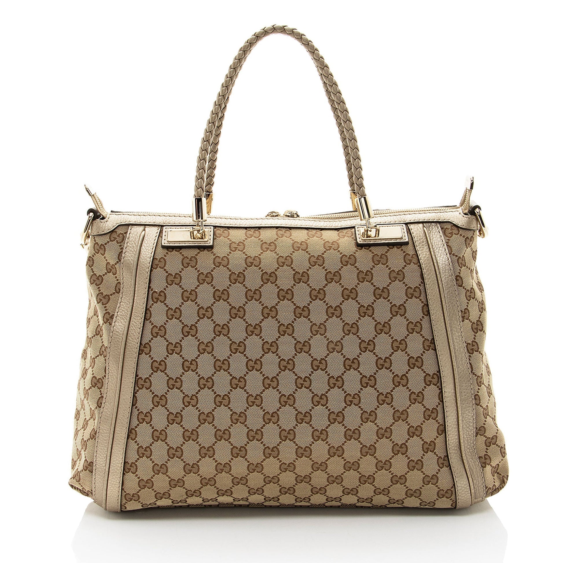 Gucci GG Bella Leather Canvas Brown Gold Tote Bag
