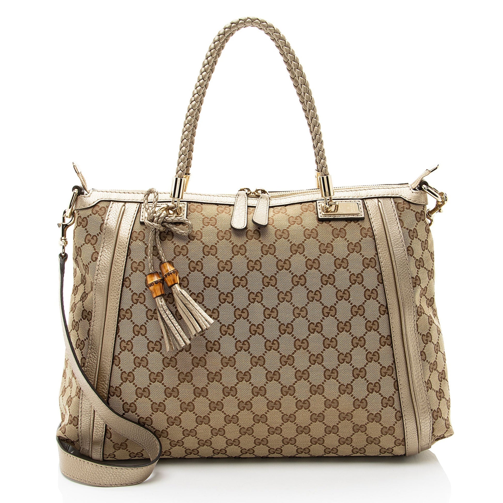 Gucci GG Bella Leather Canvas Brown Gold Tote Bag