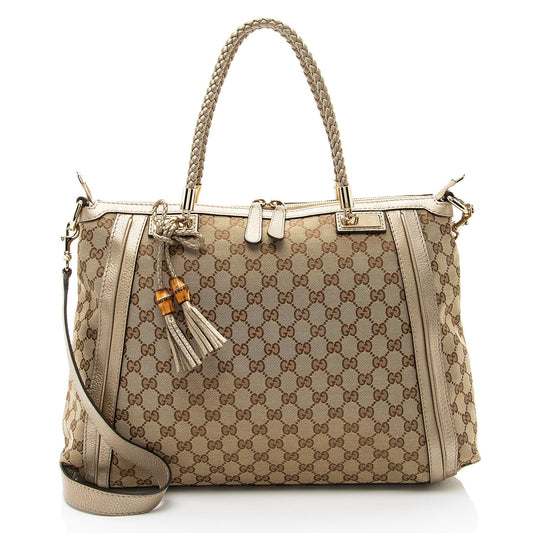 Gucci GG Bella Leather Canvas Brown Gold Tote Bag