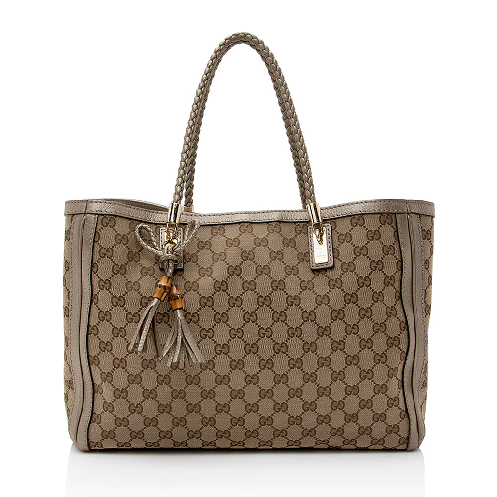 Gucci GG Bella SHF Leather Canvas Beige Gold Tote Bag