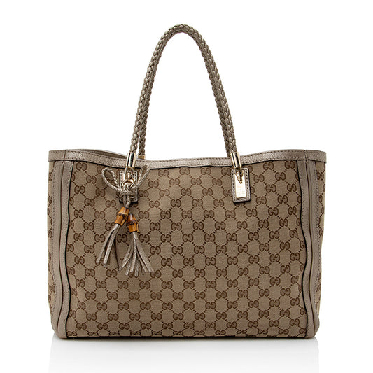 Gucci GG Bella SHF Leather Canvas Beige Gold Tote Bag