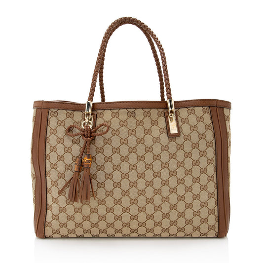 Gucci GG Bella SHF Leather Canvas Brown Beige Tote Bag
