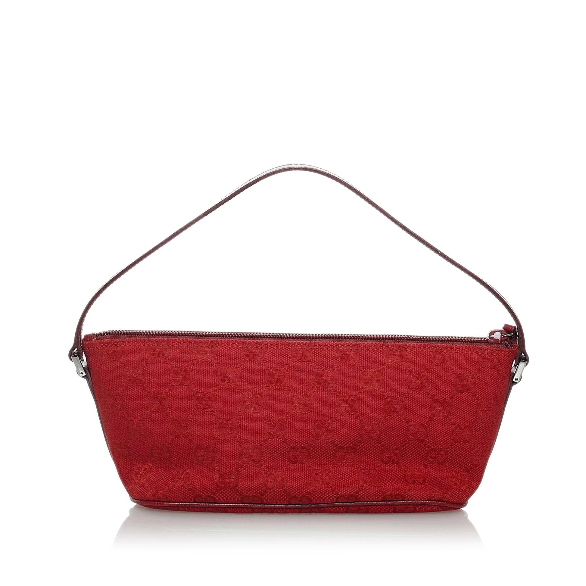 Gucci GG Boat Baguette SHG Canvas Calf Red Handbag