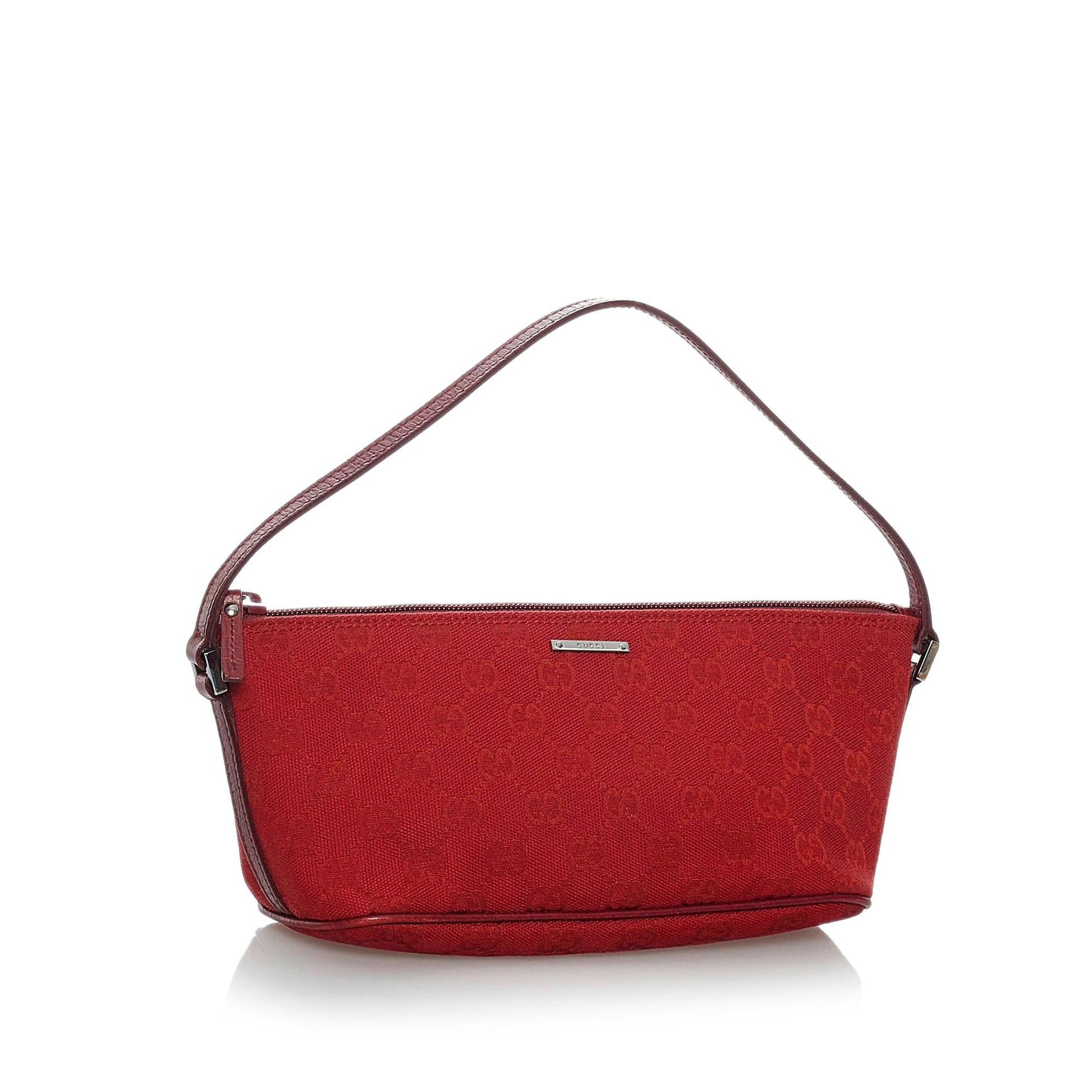 Gucci GG Boat Baguette SHG Canvas Calf Red Handbag