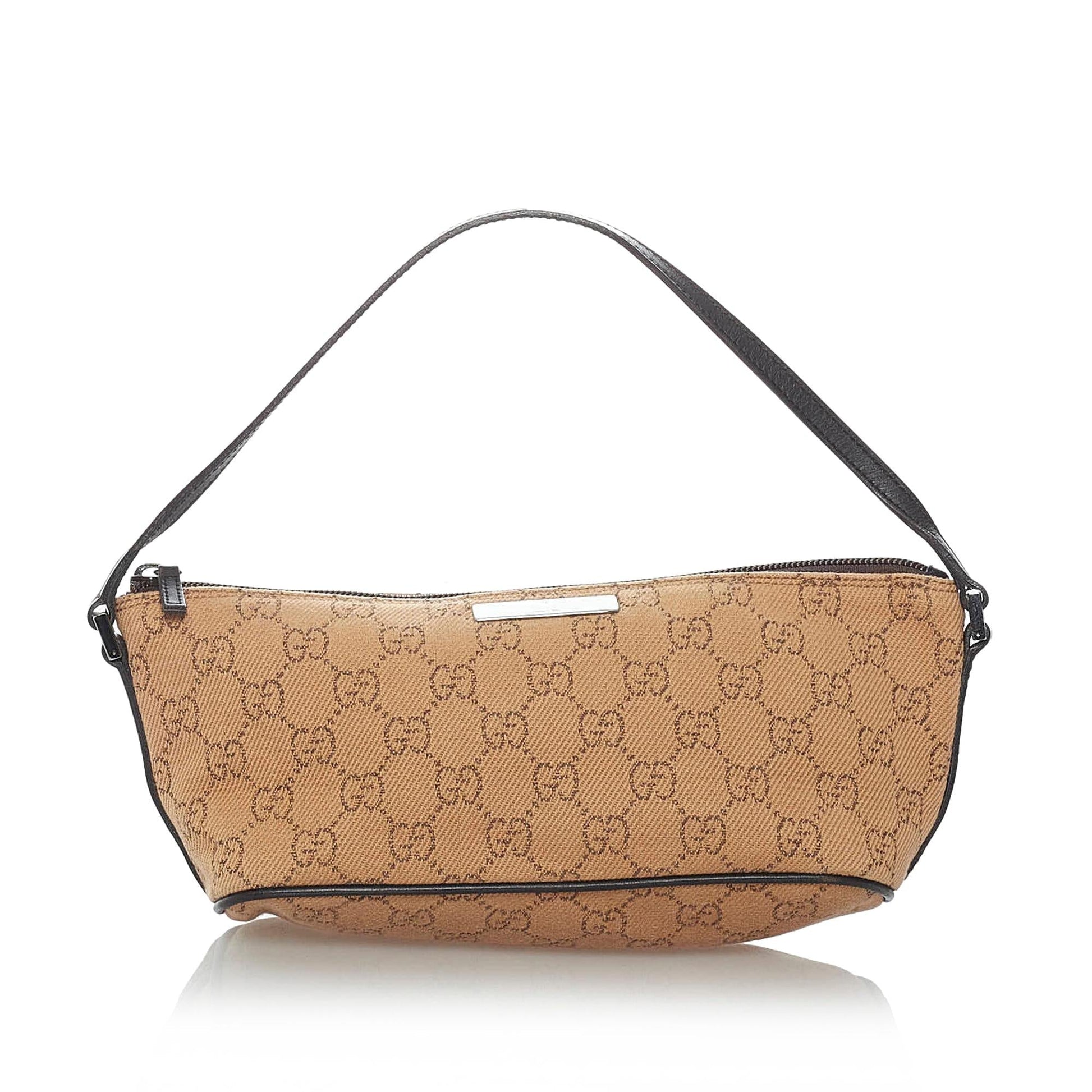 Gucci GG Boat Baguette SHG Canvas Black Brown Handbag Baguette Shg