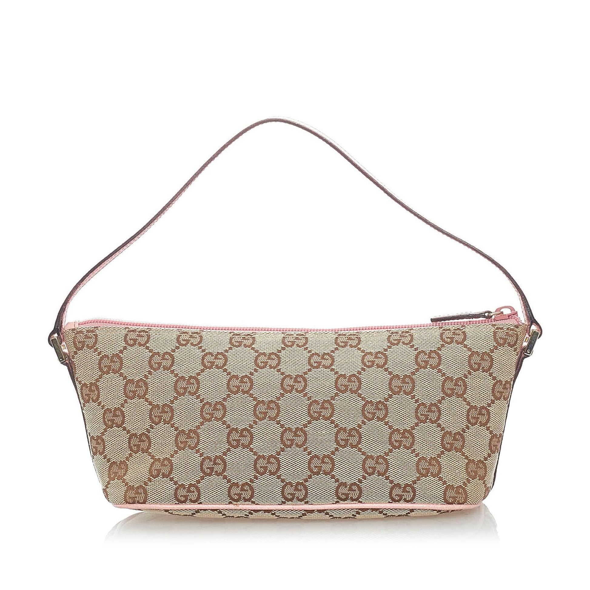 Gucci GG Boat Baguette SHG Canvas Brown Pink Handbag