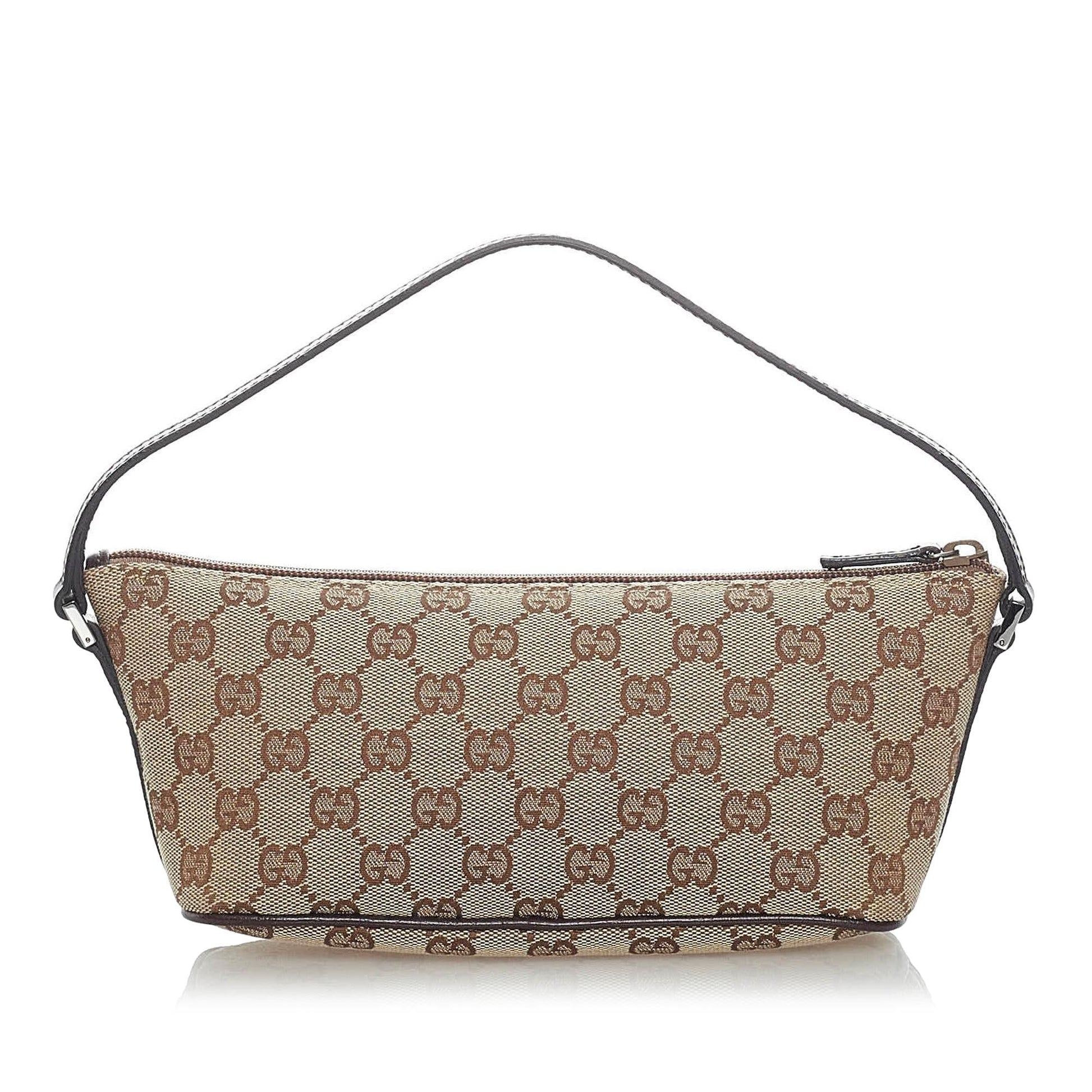 Gucci GG Boat Baguette SHG Canvas Calf Brown Handbag Baguette Shg