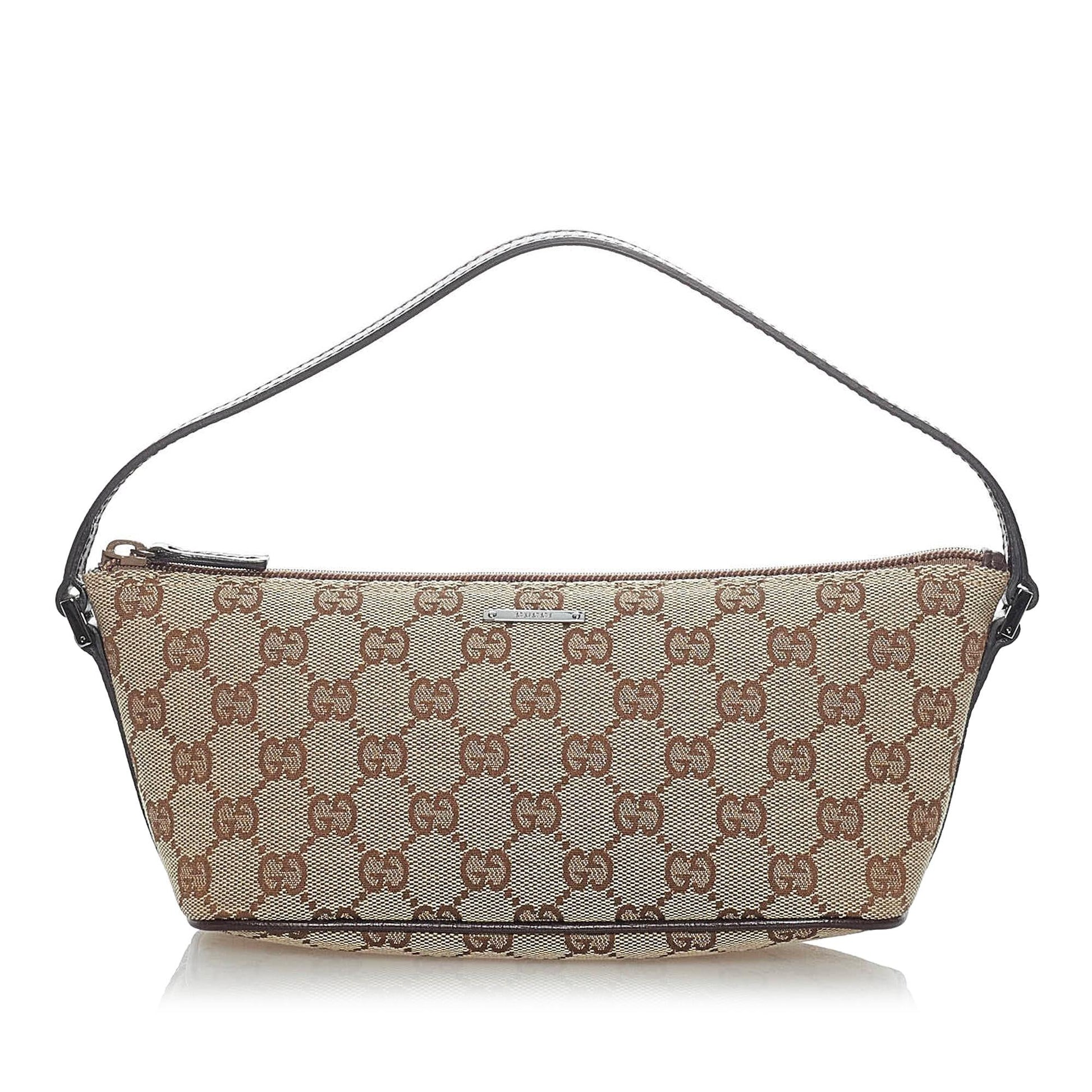 Gucci GG Boat Baguette SHG Canvas Calf Brown Handbag Baguette Shg