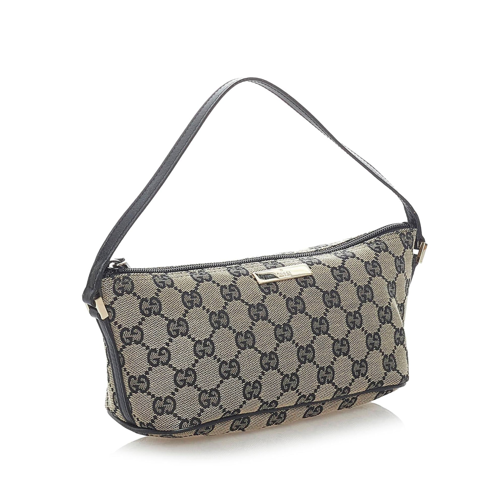 Gucci GG Boat Baguette SHG Canvas Black Brown Handbag