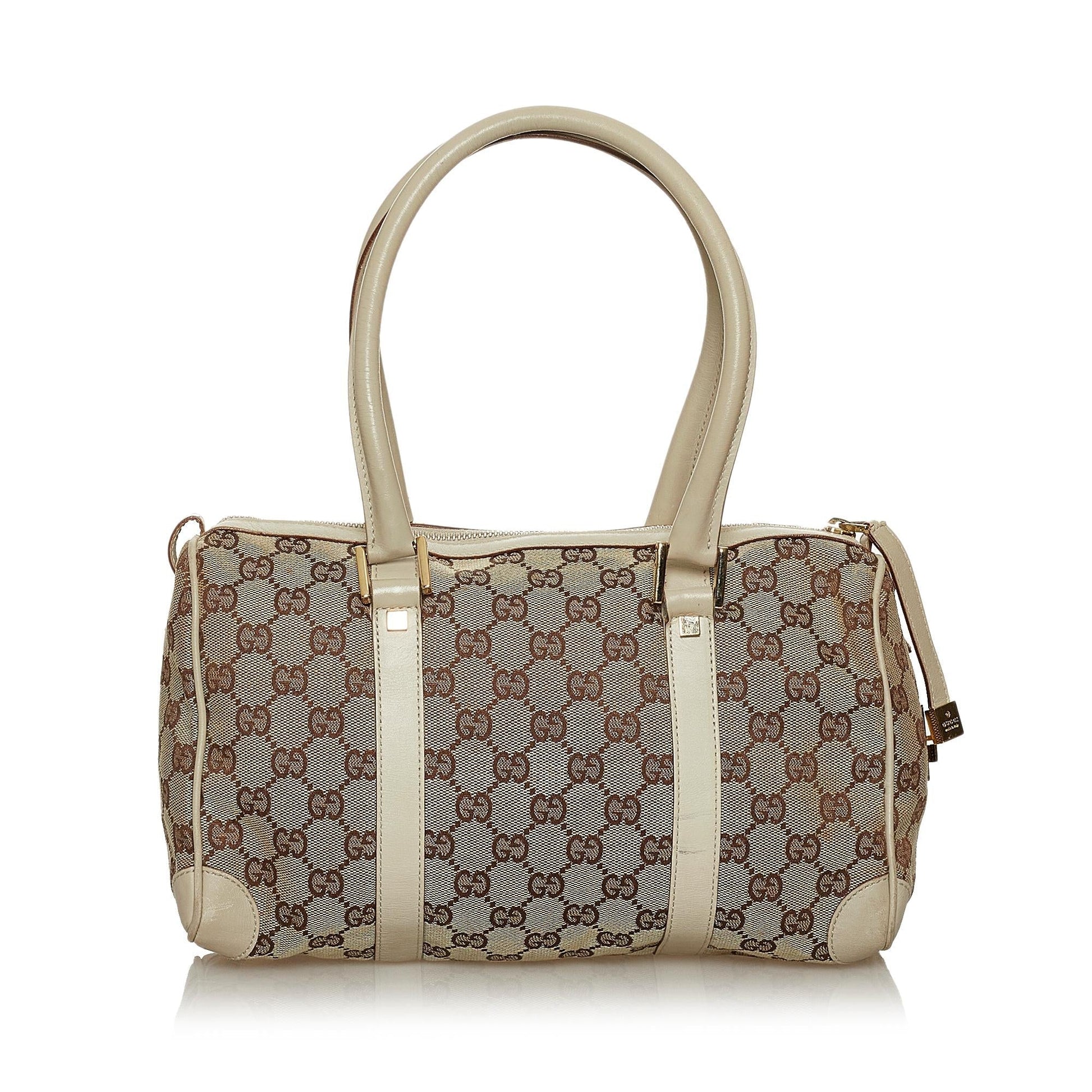 Gucci GG Boston SHG Canvas White Brown Satchel Bag