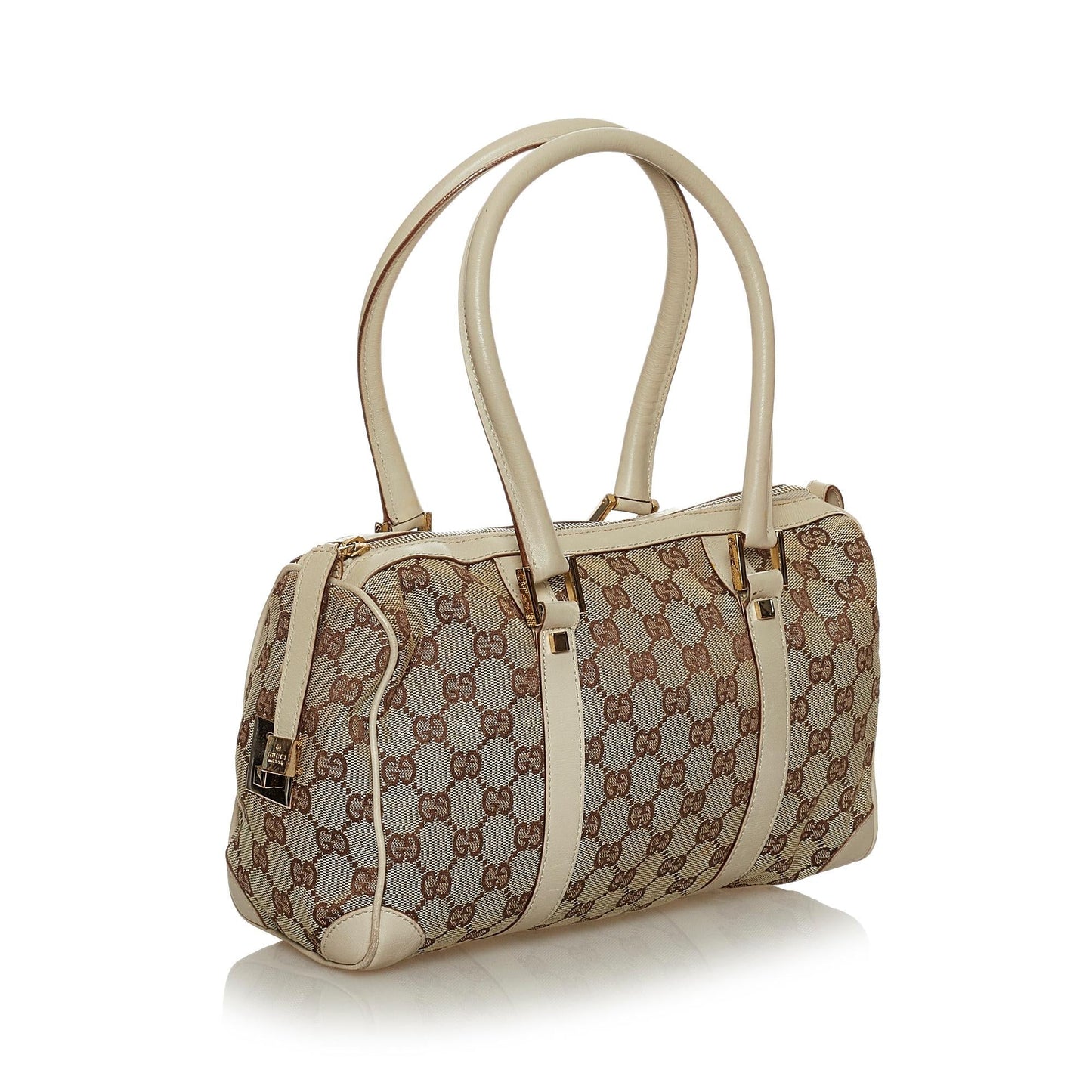 Gucci GG Boston SHG Canvas White Brown Satchel Bag