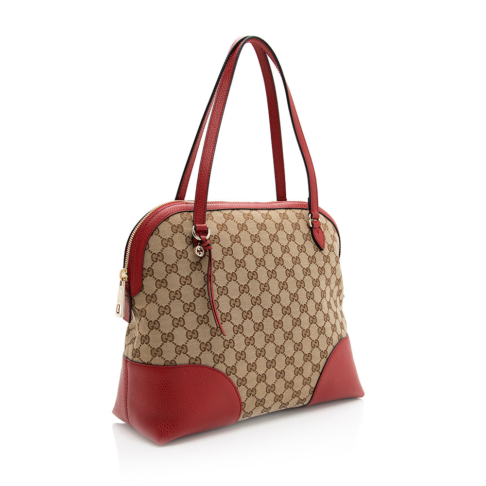 Gucci GG Bree Dome SHF Leather Canvas Beige Red Shoulder Bag