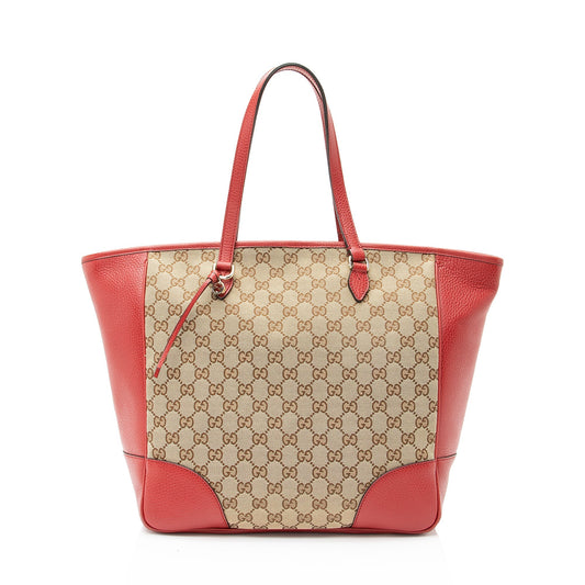 Gucci GG Bree SHF Leather Canvas Beige Red Tote Bag
