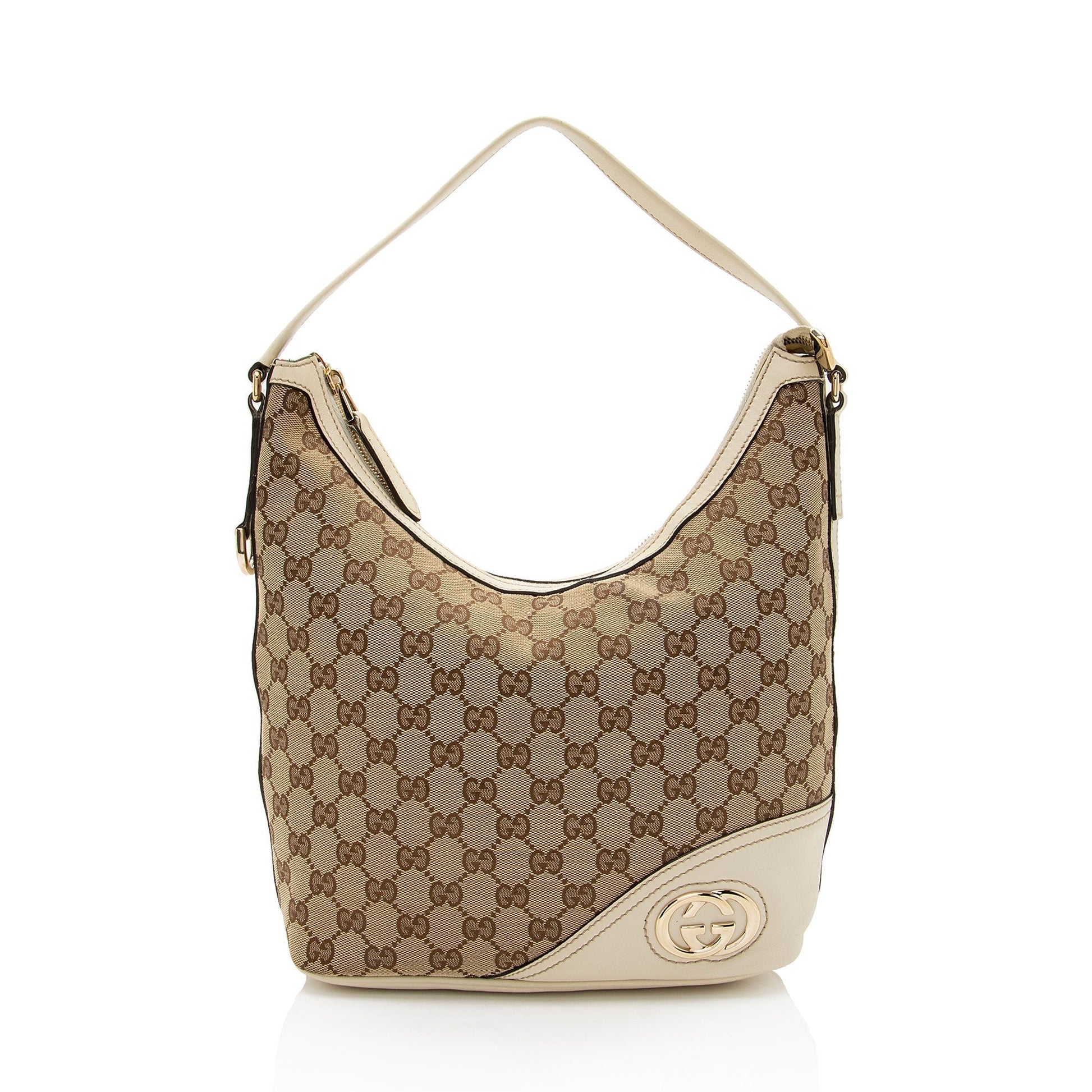 Gucci GG Britt SHF-rmQ8Ul Leather Canvas White Beige Shoulder Bag