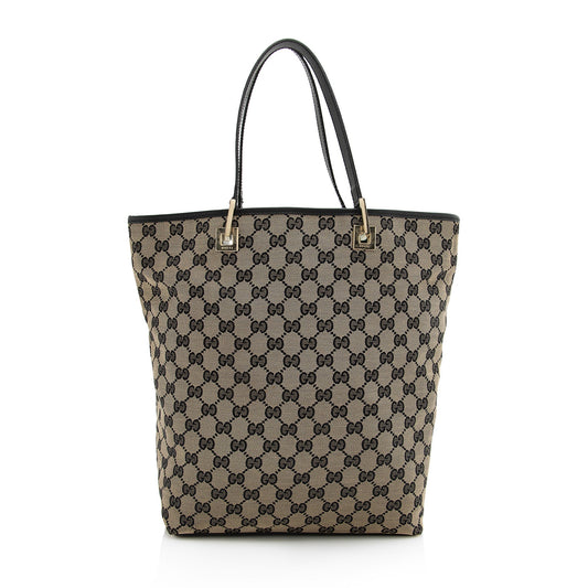 Gucci GG Bucket SHF Leather Canvas Black Beige Tote Bag
