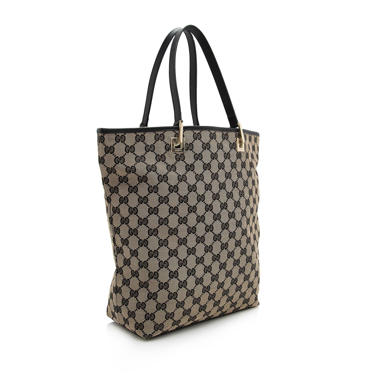 Gucci GG Bucket SHF Leather Canvas Black Beige Tote Bag