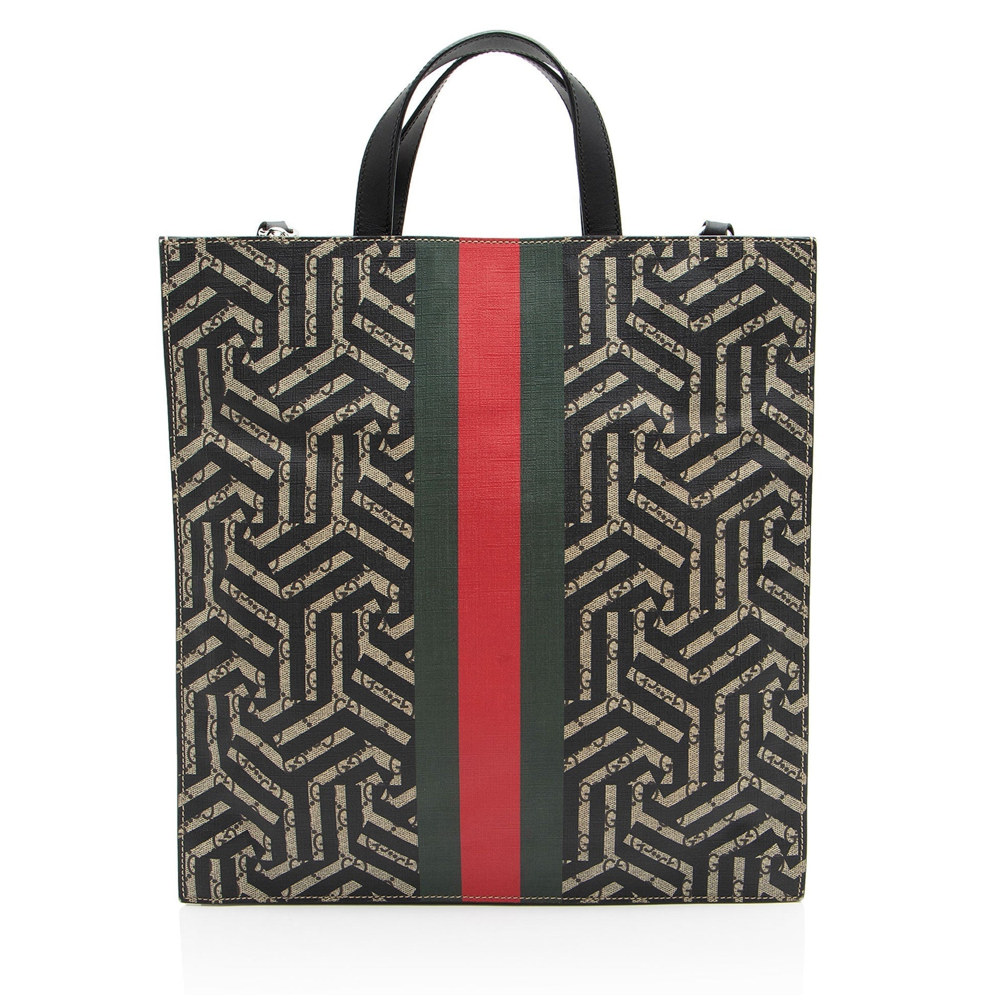 Gucci GG Supreme Caleido Web Soft Leather Canvas Black Brown Tote Bag