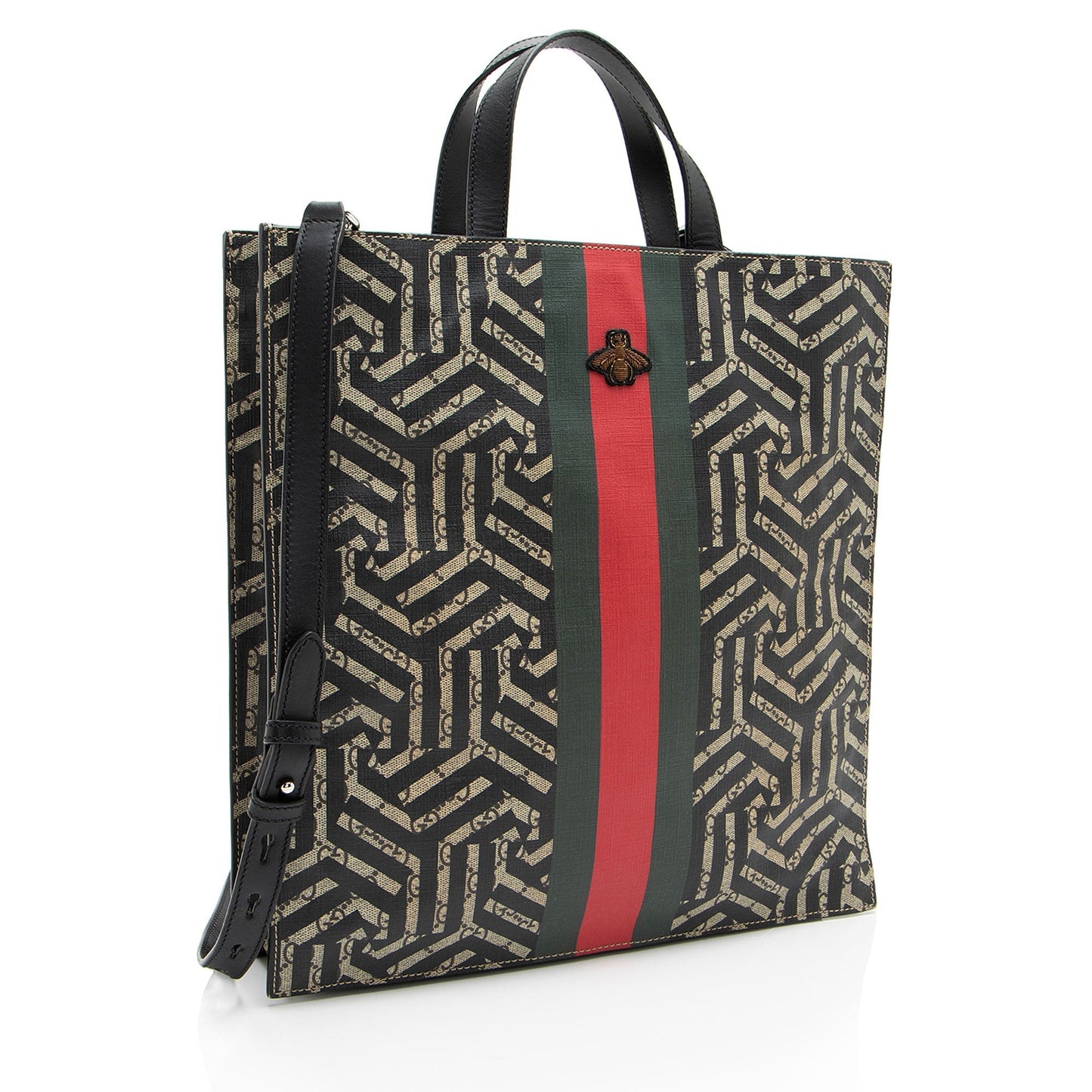 Gucci GG Supreme Caleido Web Soft Leather Canvas Black Brown Tote Bag