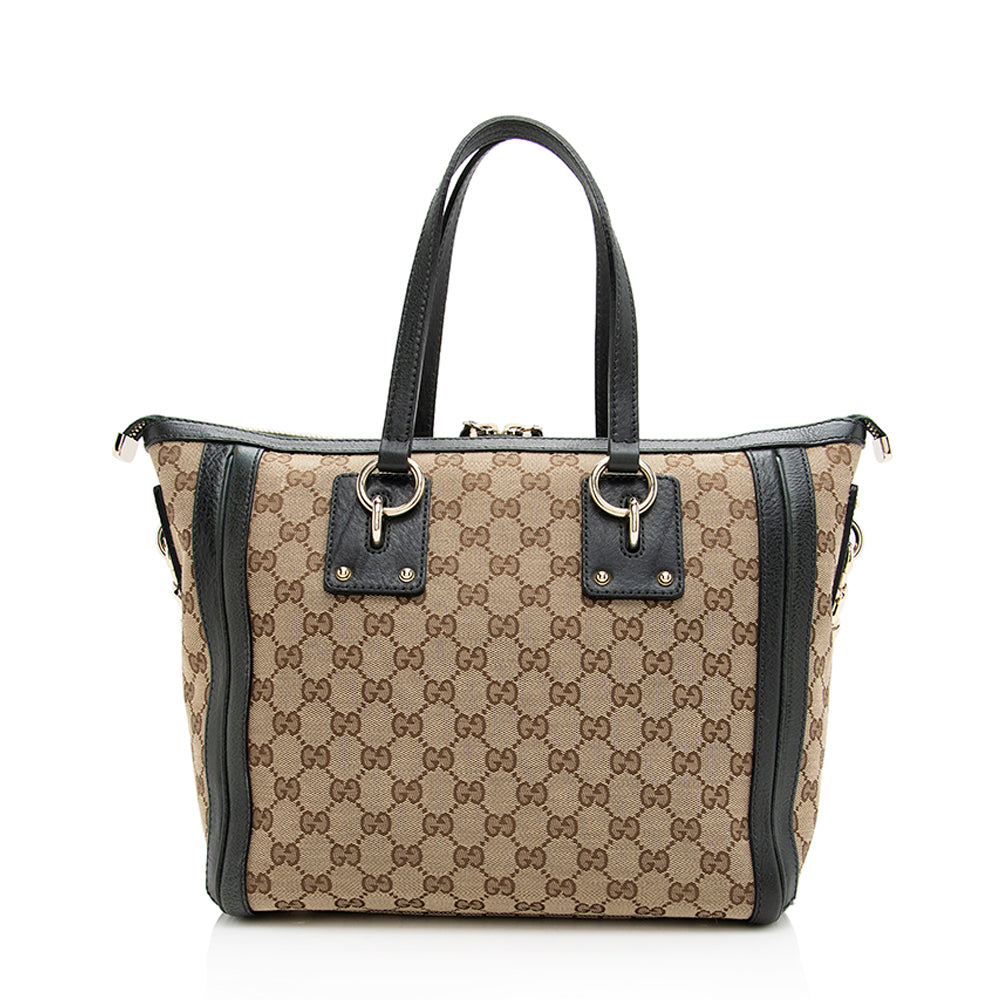 Gucci GG Charm SHF Leather Canvas Beige Green Tote Bag