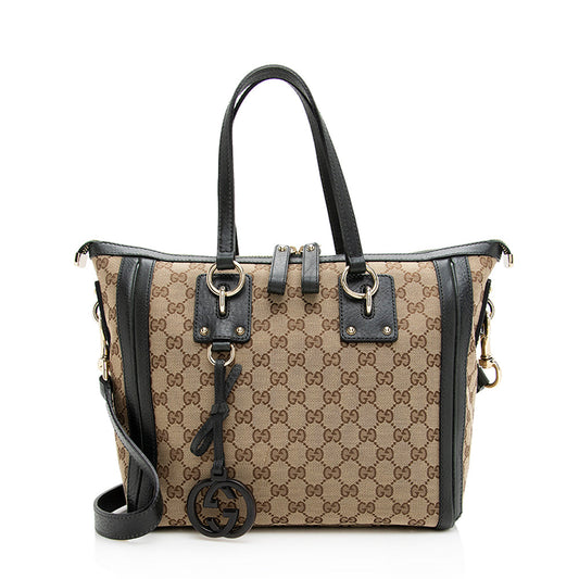 Gucci GG Charm SHF Leather Canvas Beige Green Tote Bag
