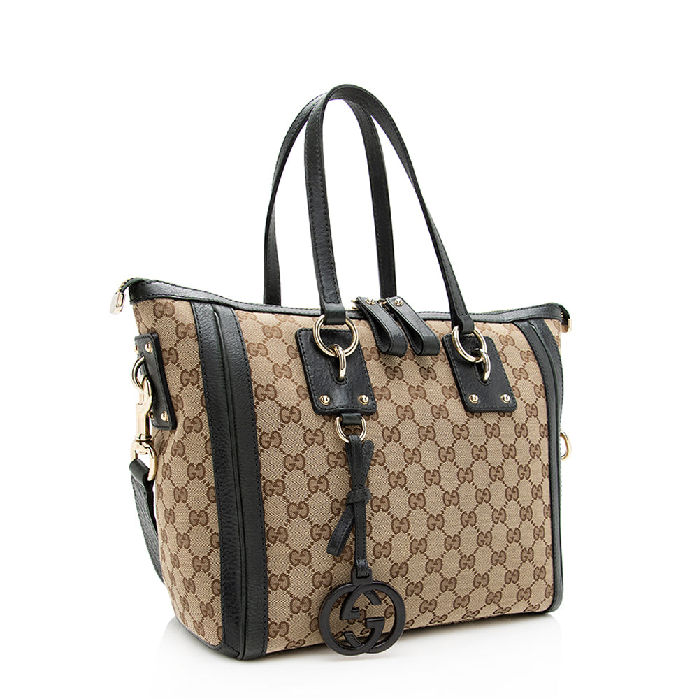 Gucci GG Charm SHF Leather Canvas Beige Green Tote Bag