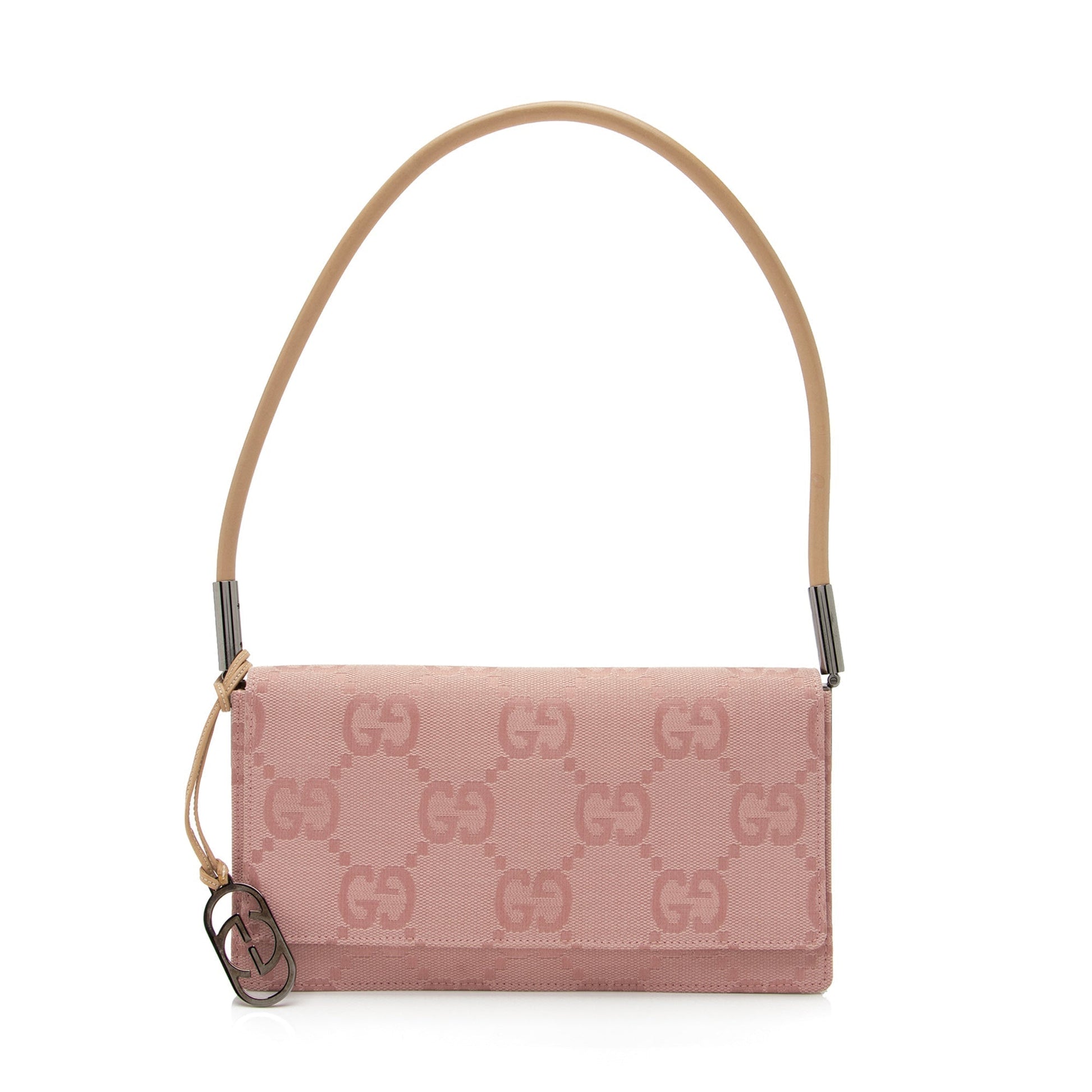 Gucci GG Charm Pochette Flap SHF Leather Canvas Beige Pink Shoulder Bag