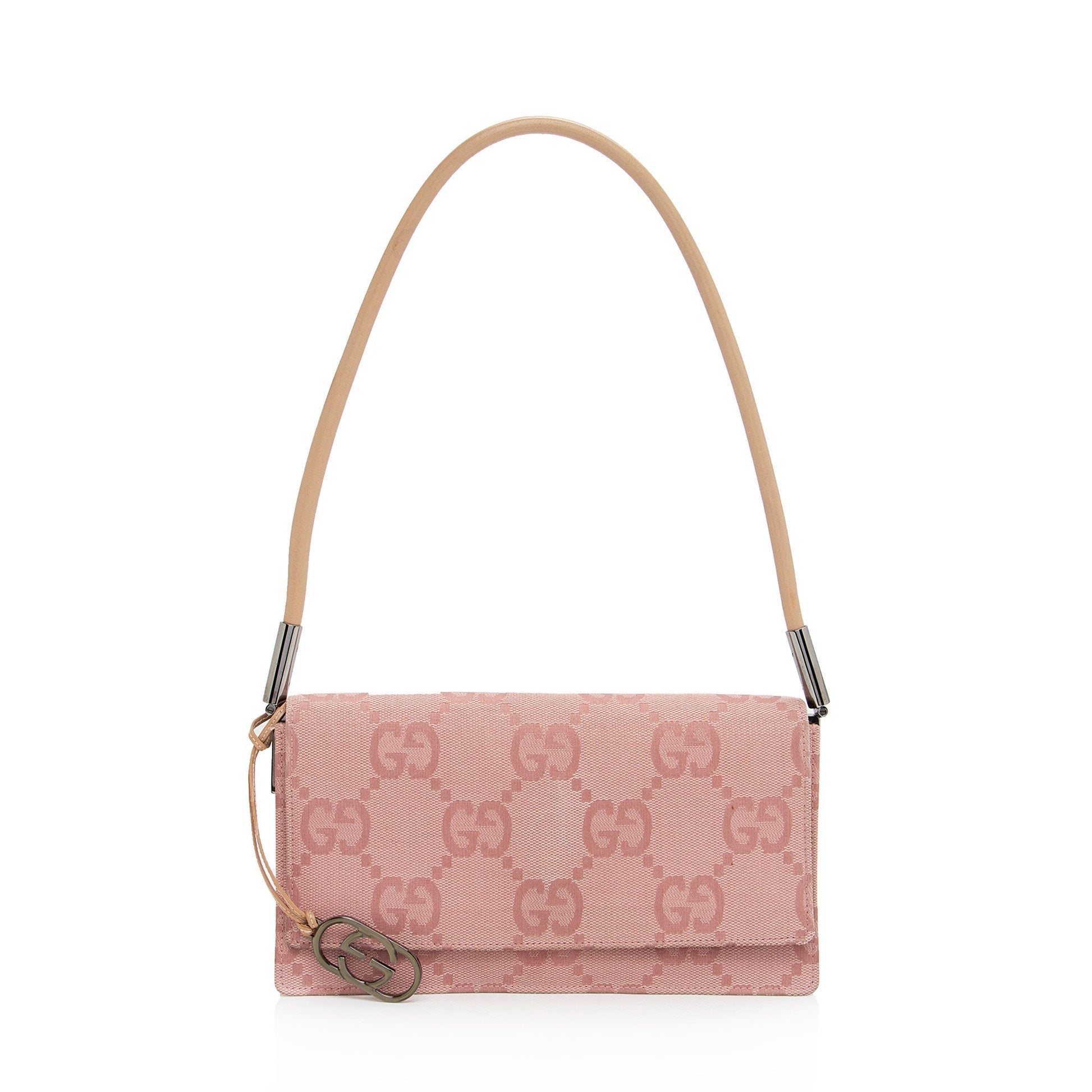Gucci GG Charm Pochette Flap SHF-SXf0FO Leather Canvas Beige Pink Shoulder Bag