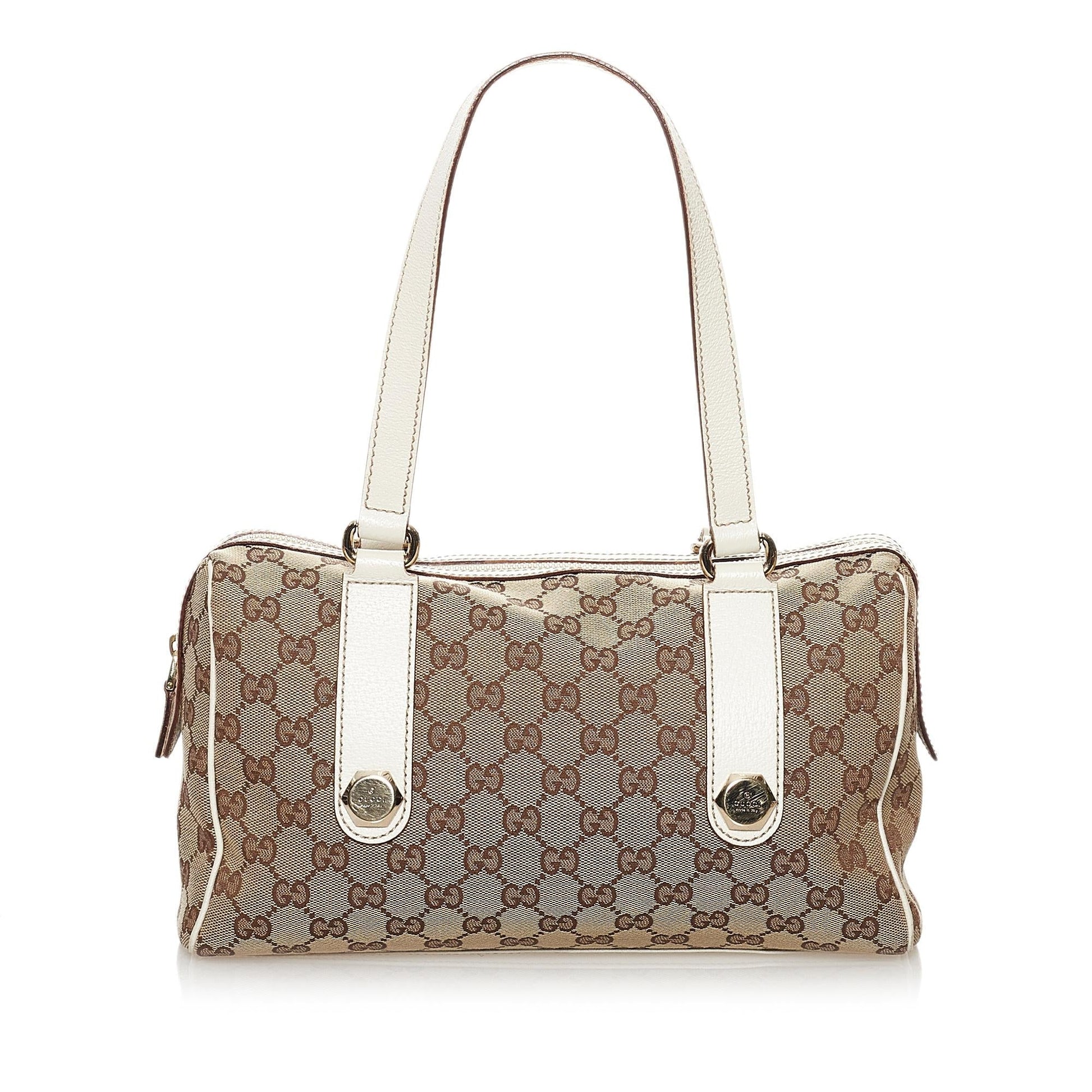 Gucci GG Charmy SHG Canvas White Brown Satchel Bag