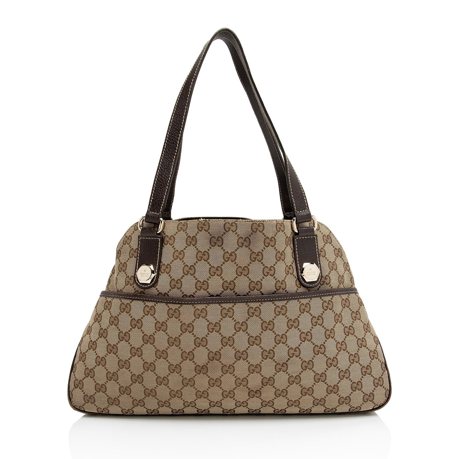 Gucci GG Charmy SHF-9IBSQc Leather Canvas Brown Beige Tote Bag