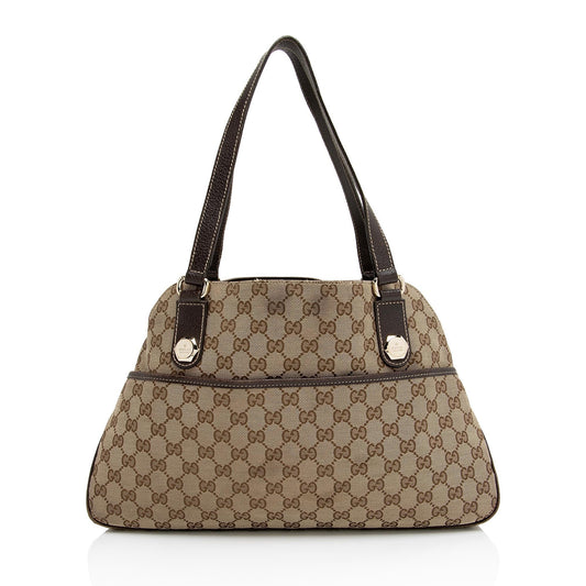 Gucci GG Charmy SHF-9IBSQc Leather Canvas Brown Beige Tote Bag