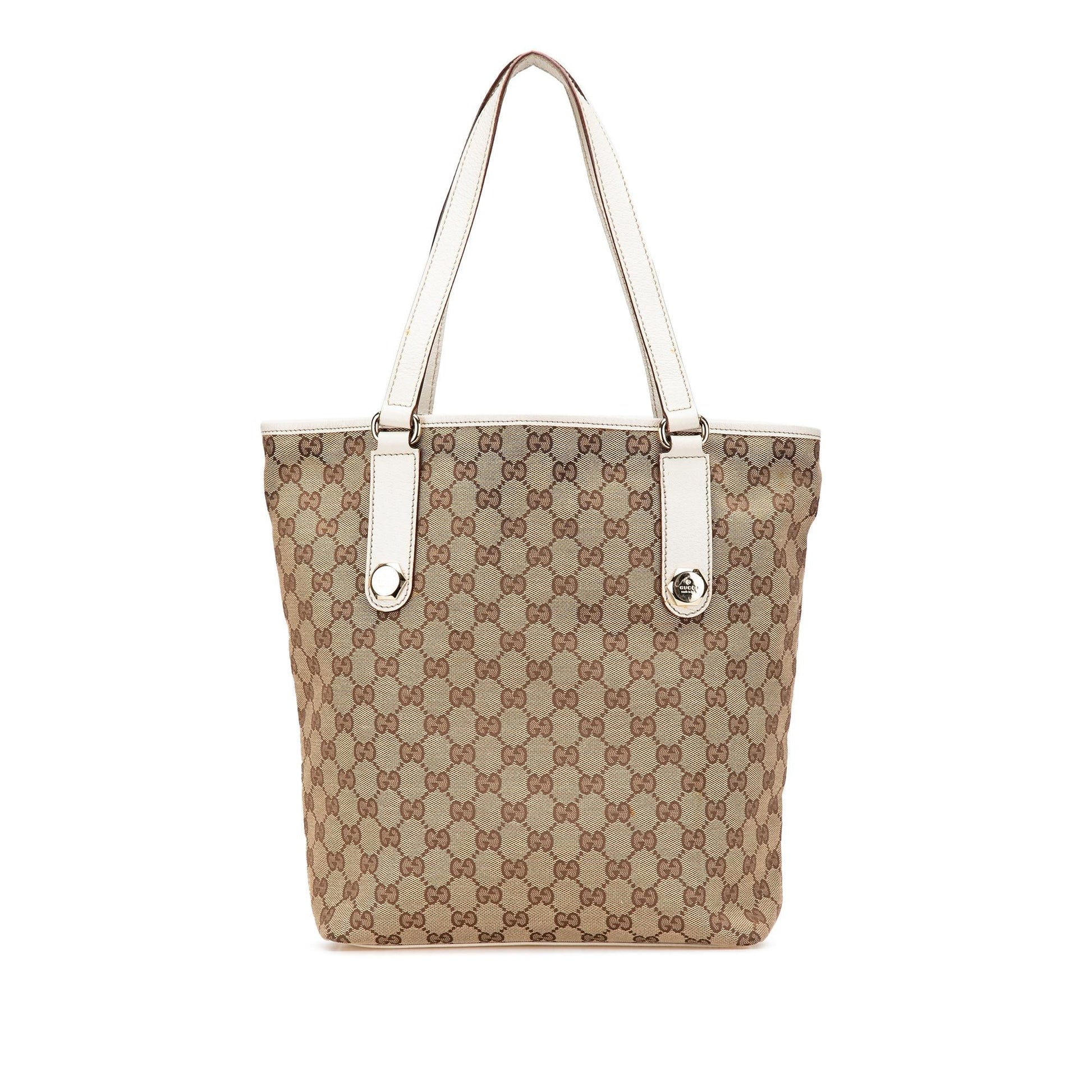 Gucci GG Charmy Canvas Calf White Brown Tote Bag Charmy Tote