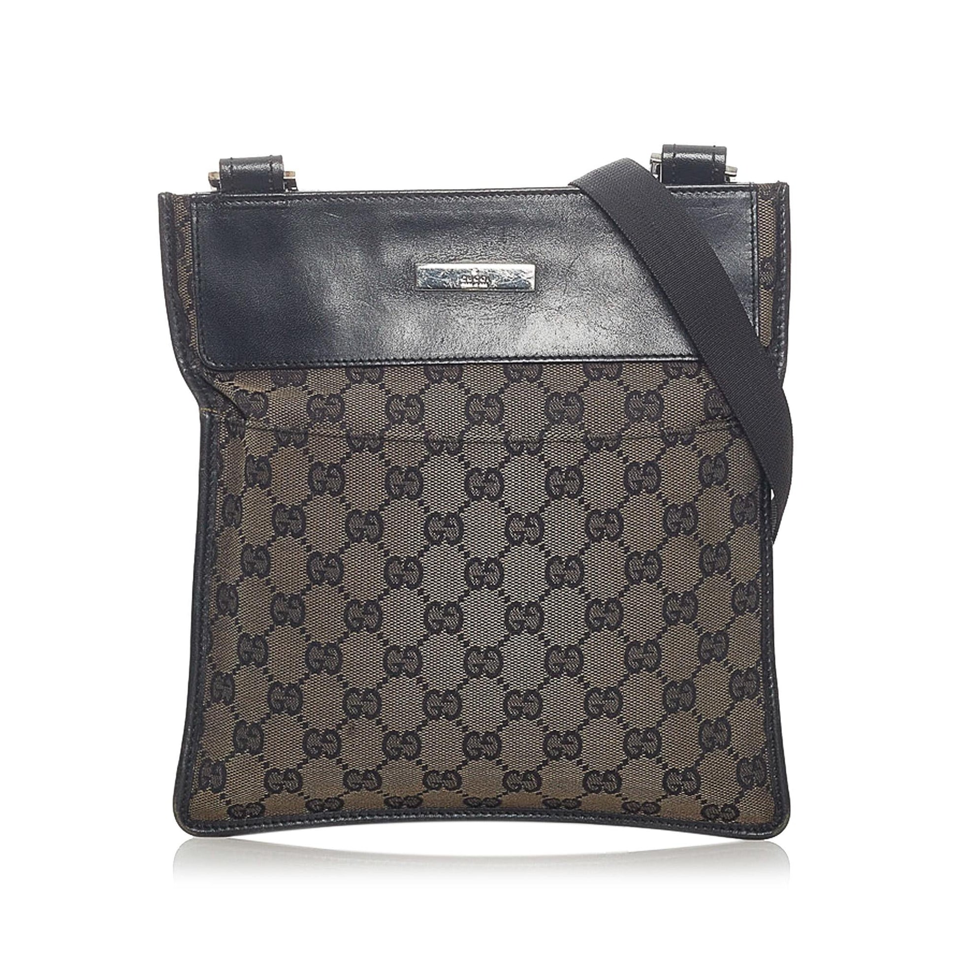 Gucci GG SHG Canvas Calf Black Brown Crossbody Bag Bag Shg