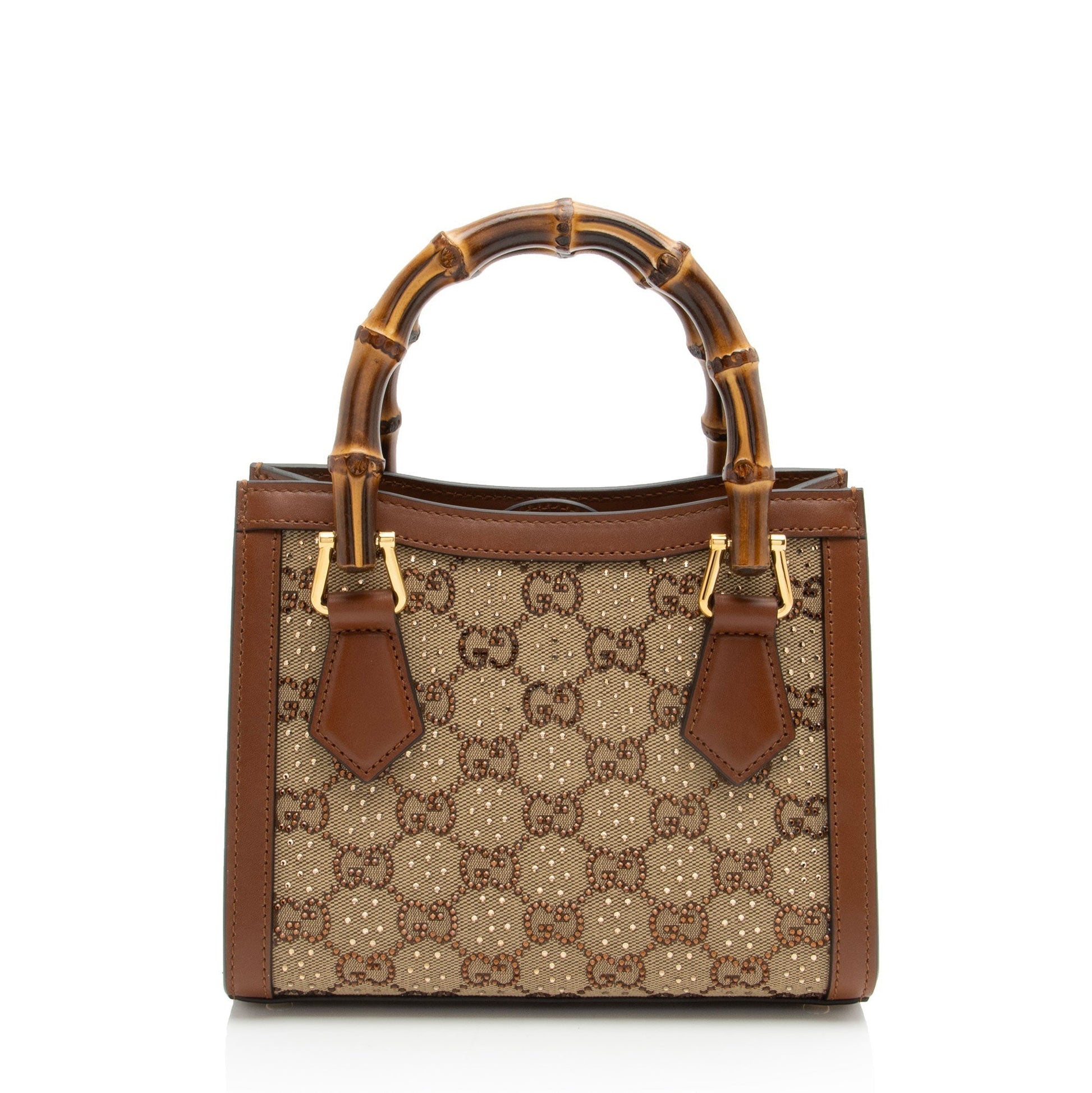 Gucci Crystal GG Bamboo Diana SHF-E7QQjx Leather Canvas Brown Beige Tote Bag