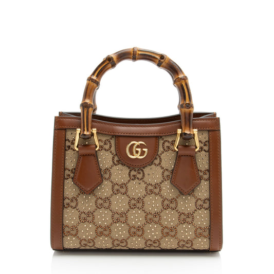 Gucci Crystal GG Bamboo Diana SHF-E7QQjx Leather Canvas Brown Beige Tote Bag