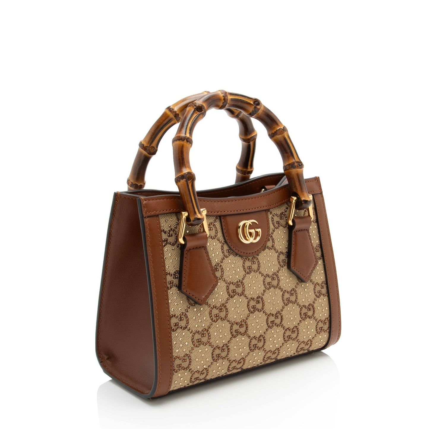 Gucci Crystal GG Bamboo Diana SHF-E7QQjx Leather Canvas Brown Beige Tote Bag
